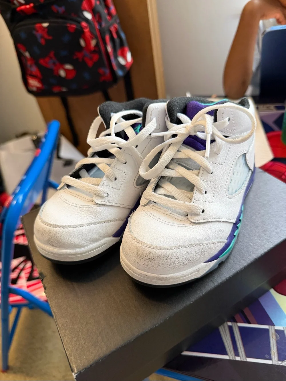Jordan Kids White Sneakers with Purple and Teal Accents